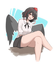 Rule 34 | 1girl, bird wings, black hair, black ribbon, black skirt, black wings, breasts, collared shirt, crossed legs, hat, highres, legs together, mata (matasoup), medium breasts, no sclera, open mouth, pom pom (clothes), red eyes, ribbon, shameimaru aya, shirt, sitting, skirt, smile, solo, thighs, tokin hat, touhou, white shirt, wings