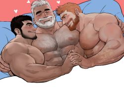 Rule 34 | 3boys, :q, abs, bara, beard, black hair, blue eyes, blush, body hair, boy sandwich, chest hair, completely nude, dopey (dopq), eye contact, facial hair, heart, holding hands, interlocked fingers, large pectorals, looking at another, male focus, multiple boys, muscular, muscular male, nipples, nude, old, old man, on bed, orange hair, original, pectorals, sandwiched, short hair, thick eyebrows, tongue, tongue out, upper body, white hair, yaoi