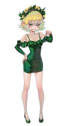 Rule 34 | 1girl, absurdres, angry, blonde hair, breasts, commentary, dress, elf, english commentary, flower, frilled dress, frills, full body, gemi ningen, green dress, green eyes, green footwear, hair flower, hair ornament, hand on own hip, highres, long sleeves, looking at viewer, off-shoulder dress, off shoulder, original, pathfinder, pencil dress, pointing, pointing down, pointy ears, sharp teeth, short hair, simple background, small breasts, solo, spaghetti strap, teeth, white background, witch