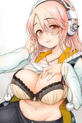 Rule 34 | 1girl, arato asato, blush, bra, breasts, cleavage, headphones, highres, jewelry, large breasts, long hair, looking at viewer, navel, nitroplus, aged up, open mouth, pink eyes, pink hair, ring, solo, super sonico, underwear