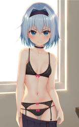 Rule 34 | 1girl, arms at sides, backlighting, black bra, black choker, black hairband, black panties, blue eyes, blue hair, blush, bow, bow bra, bow panties, bra, breasts, choker, cleavage, closed mouth, clothes pull, collarbone, commentary request, garter belt, hair ornament, hairband, highres, indoors, mottsun (i 40y), navel, panties, pink bow, pulling own clothes, ryuuou no oshigoto!, serious, short hair, silver hair, skirt, skirt pull, small breasts, snowflake hair ornament, solo, sora ginko, stomach, underwear, undressing, v-shaped eyebrows, window