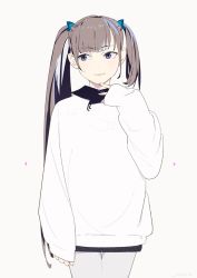 Rule 34 | 1girl, asymmetrical hair, blue eyes, brown hair, female focus, flat color, grey pantyhose, long hair, original, pantyhose, simple background, sleeves past wrists, smile, so shina, sohin, solo, twintails, white background