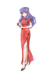 Rule 34 | 1girl, black footwear, bow, china dress, chinese clothes, double bun, dress, hand fan, full body, hair bobbles, hair bow, hair ornament, high heels, highres, holding, holding fan, long hair, looking at viewer, puky, purple eyes, purple hair, ranma 1/2, shampoo (ranma 1/2), shoes, short sleeves, side slit, smile, solo, white background