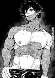 Rule 34 | 1boy, artist name, black background, black hair, boku no hero academia, burn scar, commentary, cowboy shot, dabi (boku no hero academia), ear piercing, earrings, english commentary, from below, gradient background, grey background, greyscale, grin, half-closed eyes, jasdavi, jewelry, male focus, monochrome, navel, nipples, outline, pants, piercing, scar, scar on face, shiny clothes, short hair, smile, solo, stitches, teeth, topless male, watermark, web address, white outline