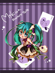 Rule 34 | 1girl, aqua eyes, aqua hair, blueberry, character name, chibi, dress, food, food as clothes, food-themed clothes, food-themed hair ornament, food-themed ornament, fruit, gloves, hair ornament, hatsune miku, letterboxed, long hair, minaha yuki, open mouth, solo, spoon, striped, striped background, twintails, very long hair, vocaloid