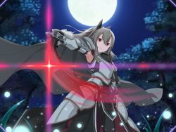 Rule 34 | 1girl, armor, armpits, black bow, black pants, bow, breastplate, cape, closed mouth, detached sleeves, eydis (sao), faulds, floating hair, frown, full moon, game cg, grey cape, grey hair, grey sleeves, hair between eyes, hair bow, holding, holding sword, holding weapon, long hair, long sleeves, moon, night, outdoors, pants, red eyes, solo, standing, sword, sword art online, sword art online: alicization, sword art online: alicization rising steel, sword art online: unleashed blading, weapon