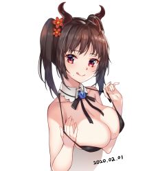 Rule 34 | 1girl, bad id, bad pixiv id, bare shoulders, bikini, black bikini, black ribbon, breasts, brown hair, cleavage, collarbone, commentary request, dated, flower, highres, horns, large breasts, looking at viewer, mayoichi, medium hair, original, red flower, ribbon, simple background, solo, swimsuit, twintails, upper body, white background