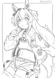 Rule 34 | 1girl, animal ears, belt, character name, closed mouth, corrupted twitter file, crop top, dog tags, greyscale, highres, horse ears, horse girl, horse tail, index finger raised, jacket, long hair, long sleeves, looking at viewer, mayano top gun (umamusume), midriff, monochrome, navel, open clothes, open jacket, ram (p searam), shirt, short shorts, shorts, smile, solo, tail, thighs, two side up, umamusume