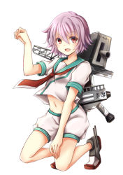 Rule 34 | 10s, 1girl, :d, blush, hand on thigh, kantai collection, looking at viewer, machinery, midriff, neckerchief, open mouth, paw pose, purple hair, red eyes, sailor collar, school uniform, serafuku, short hair, shorts, simple background, smile, solo, tama (kancolle), white background, x na