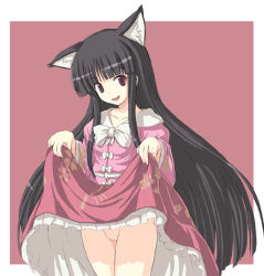 Rule 34 | 1girl, :d, animal ears, black eyes, blunt bangs, bow, bowtie, cat ears, cat girl, clothes lift, collarbone, female focus, head tilt, hime cut, houraisan kaguya, kemonomimi mode, long hair, looking at viewer, no nose, no panties, no pussy, non-web source, open mouth, purple background, shirt, skirt, skirt lift, smile, solo, standing, touhou, very long hair