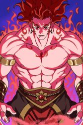 Rule 34 | 1boy, abs, adam&#039;s apple, arabian clothes, arabic text, armlet, arms at sides, bara, bracer, bucchigiri?!, fiery aura, genie, highres, large pectorals, long hair, long sideburns, looking at viewer, male focus, muscular, muscular male, nipples, oekaki shitou, pectorals, prehensile hair, red eyes, red hair, senya (bucchigiri?!), shredded muscles, sideburns, simple background, solo, stomach, thick eyebrows, v-taper