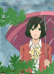 Rule 34 | 10s, 1girl, commentary request, green eyes, green hair, holding, holding umbrella, kimi no na wa., kotonoha no niwa, leaf, rain, solo, umbrella, yukino yukari