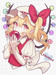 Rule 34 | 1girl, alternate wings, apple, ascot, blonde hair, cropped torso, flandre scarlet, food, frilled sleeves, frills, fruit, hair between eyes, hat, highres, holding, holding food, holding fruit, long hair, looking at viewer, mob cap, nyanaya, one side up, pointy ears, polka dot, polka dot background, red eyes, red vest, shirt, short sleeves, solo, touhou, upper body, vest, white hat, white shirt, wings, yellow ascot