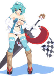 Rule 34 | 1girl, blue eyes, blue hair, blue thighhighs, boots, closed umbrella, elbow gloves, gloves, heterochromia, matching hair/eyes, race queen, red eyes, solo, tatara kogasa, thighhighs, tongue, tongue out, touhou, umbrella, wontam