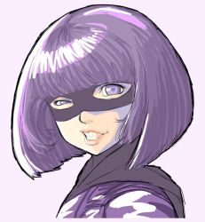 Rule 34 | 1girl, animification, anti-earth bomb, blue eyes, blunt bangs, bob cut, cape, clenched teeth, flat chest, from side, hit-girl, kick-ass, lips, looking at viewer, mask, portrait, purple eyes, purple hair, short hair, simple background, sketch, solo, squinting, superhero costume, teeth, uneven eyes, white background