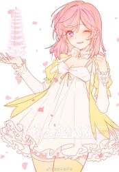 Rule 34 | 1girl, arm up, artist request, blush, collar, douluo dalu, dress, falling petals, floating, floating object, frilled collar, frills, hairband, highres, jacket, long sleeves, ning rongrong (douluo dalu), one eye closed, open mouth, petals, pink hair, purple eyes, second-party source, short hair, solo, thighhighs, upper body, white background, white dress, yellow jacket, yellow thighhighs