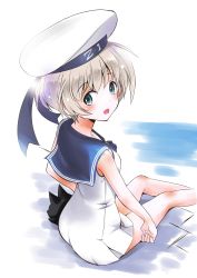 Rule 34 | 1girl, absurdres, blue eyes, clothes writing, dress, from behind, hat, highres, kantai collection, looking at viewer, looking back, open mouth, sailor dress, sailor hat, short hair, silver hair, sitting, sleeveless, smile, solo, taisinkoku, white dress, white hat, z1 leberecht maass (kancolle)