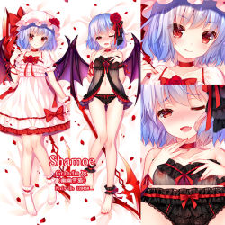 Rule 34 | 1girl, ;d, ankle cuffs, barefoot, bed sheet, black panties, black wings, blue hair, blush, breasts, choker, collarbone, dakimakura (medium), demon wings, dress, fang, flower, from above, gluteal fold, grandia bing, hair flower, hair ornament, hair ribbon, hat, hat flower, head tilt, looking at viewer, lying, midriff, multiple views, nail polish, navel, nipples, on back, one eye closed, open mouth, panties, red eyes, red flower, red nails, remilia scarlet, ribbon, ribbon choker, short dress, short hair, short sleeves, simple background, small breasts, smile, socks, stomach, third-party source, toenail polish, toenails, touhou, underwear, underwear only, white background, white dress, white hat, white legwear, wings