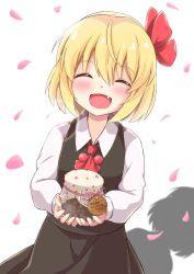 Rule 34 | 1girl, :d, ascot, black vest, blonde hair, closed eyes, facing viewer, fang, hair ribbon, happy valentine, holding, open mouth, red ascot, red ribbon, ribbon, rumia, shirt, short hair, short sleeves, simple background, smile, solo, touhou, valentine, vest, white background, white shirt, yuki (user tjvn3757)