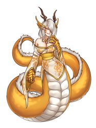 Rule 34 | 1girl, alternate color, animal ears, animal hands, antlers, bare shoulders, breasts, claws, cleavage, dragon, dragon girl, dragon horns, eastern dragon, facial mark, fins, floral print, full body, grey hair, hair over one eye, hand on own chest, head fins, head tilt, highres, horns, japanese clothes, kimono, large breasts, long sleeves, looking at viewer, magatama, monorus, monster girl, monster girl encyclopedia, obi, off shoulder, one eye covered, parted lips, ryuu (monster girl encyclopedia), sash, scales, short hair, simple background, smile, solo, swept bangs, white background, wide sleeves, yellow eyes