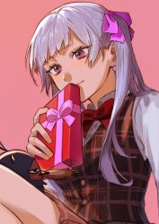 Rule 34 | 1girl, argyle clothes, argyle vest, bird, bird on leg, black clover, closed mouth, gen me, gift, grey hair, hair ribbon, highres, holding, holding gift, light smile, looking at animal, nero (black clover), noelle silva, pink eyes, purple ribbon, red ribbon, ribbon, shirt, solo, twintails, white shirt