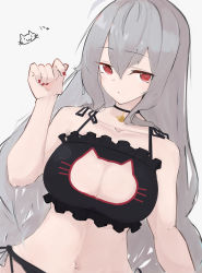 Rule 34 | alternate costume, arknights, asususususu, black bra, black panties, bra, breasts, cat cutout, cat lingerie, cleavage, cleavage cutout, clothing cutout, collarbone, commentary request, frilled bra, frills, highres, jewelry, long hair, meme attire, nail polish, navel, panties, red eyes, red nails, silver hair, skadi (arknights), solo, stomach, underwear, very long hair, white background