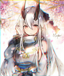 Rule 34 | 1girl, artist name, blush, breasts, brown eyes, cherry blossoms, closed mouth, day, detached sleeves, fate/grand order, fate (series), hachimaki, hair between eyes, hand up, headband, horns, japanese clothes, large breasts, long hair, looking at viewer, mirutu, outdoors, petals, sideboob, signature, silver hair, solo, tomoe gozen (fate), upper body