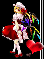 Rule 34 | 1girl, akina (schism), bad id, bad pixiv id, blonde hair, blush, female focus, flandre scarlet, hat, heart, looking back, red eyes, simple background, solo, touhou, wings, wrist cuffs