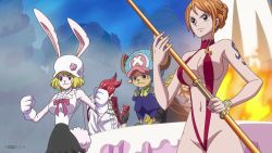 Rule 34 | 2girls, 3boys, animal ears, antlers, areola slip, black gloves, black skirt, blonde hair, breasts, can, carrot (one piece), cowboy shot, creature, curvy, drink can, fire, gloves, hat, highres, horns, large breasts, multiple boys, multiple girls, nami (one piece), nude filter, one piece, orange hair, outdoors, r34son, rabbit ears, red hair, revealing clothes, screencap, shirt, short hair, skirt, sleeveless, sleeveless shirt, slingshot swimsuit, smile, soda can, swimsuit, tattoo, third-party edit, tony tony chopper, vinsmoke ichiji, vinsmoke judge, white gloves, white headwear