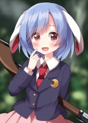 Rule 34 | 1girl, black jacket, blazer, blue hair, blush, collared shirt, commentary request, floppy ears, gun, happy, highres, holding, holding weapon, jacket, looking at viewer, necktie, one-hour drawing challenge, open mouth, pleated skirt, rabbit girl, red eyes, red necktie, red skirt, reisen (touhou bougetsushou), rifle, ruu (tksymkw), shirt, short hair, skirt, solo, touhou, weapon, white shirt