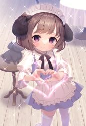 Rule 34 | 1girl, animal, animal ears, apron, black bow, blush, bow, brown hair, chitosezaka suzu, closed mouth, commentary request, dog, dog ears, dress, frilled apron, frills, heart, heart hands, indoors, looking at viewer, maid, maid headdress, original, pleated dress, puffy short sleeves, puffy sleeves, purple dress, purple eyes, short sleeves, smile, solo, sparkle, standing, table, thighhighs, waist apron, white apron, white thighhighs, wooden floor