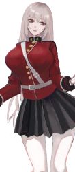 Rule 34 | 1girl, belt, black skirt, breasts, ccchamanccc, fate (series), florence nightingale (fate), gloves, highres, large breasts, long hair, looking down, military, military uniform, pantyhose, parted lips, pink hair, pleated skirt, red eyes, skirt, solo, uniform