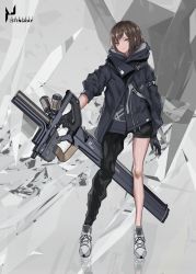 Rule 34 | 1girl, asymmetrical clothes, bad id, bad pixiv id, bandaid, bandaid on knee, bandaid on leg, black gloves, brown eyes, brown hair, cancell, gloves, gun, highres, holding, holding gun, holding weapon, hood, hood down, hooded jacket, jacket, legs apart, looking at viewer, original, reflection, science fiction, short hair, single pantsleg, smile, solo, standing, weapon