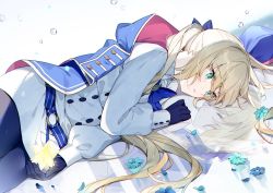 Rule 34 | 1girl, artoria caster (fate), artoria caster (second ascension) (fate), artoria pendragon (all), artoria pendragon (fate), blonde hair, blue bow, blue cape, blue flower, blue gloves, blue hat, blue neckwear, blue pantyhose, bow, bowtie, bubble, buttons, cape, closed eyes, closed mouth, crying, crying with eyes open, dress, fate/grand order, fate/stay night, fate (series), flower, gloves, green eyes, hair bow, hat, holding, hood, hood down, hooded cape, kamiowl, long hair, low twintails, lying, pantyhose, parted lips, petals, reflection, saber (fate), saint quartz (fate), short hair, sidelocks, tears, teeth, twintails, very long hair, white dress