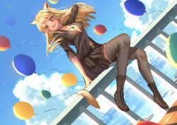 Rule 34 | 1girl, :d, animal ears, artist name, balloon, belt, black choker, black footwear, black shirt, black skirt, black thighhighs, blonde hair, boots, breasts, cat ears, cat girl, cat tail, center opening, choker, cloud, commission, cross-laced footwear, day, dutch angle, final fantasy, final fantasy xiv, hair flip, highres, jewelry, ku-ini, lace-up boots, long hair, long sleeves, medium breasts, miniskirt, miqo&#039;te, necklace, no bra, open mouth, outdoors, pleated skirt, railing, red eyes, shirt, sitting, skirt, sky, sleeves pushed up, slit pupils, smile, solo, tail, thighhighs, warrior of light (ff14), wind, zettai ryouiki