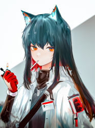 Rule 34 | 1girl, animal ear fluff, animal ears, arknights, black hair, cigarette, fire, fire, gloves, grey background, id card, jacket, jewelry, lighter, long hair, long sleeves, looking at viewer, mouth hold, multicolored hair, necklace, official alternate costume, open clothes, open jacket, orange eyes, red gloves, red hair, runamonet, shoulder strap, solo, texas (arknights), texas (winter messenger) (arknights), two-tone background, two-tone hair, unbuttoned, upper body, white background, white jacket, wolf ears