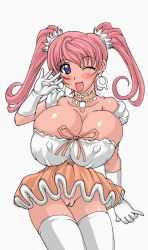 Rule 34 | blush, breasts, cleavage, earrings, huge breasts, jewelry, one eye closed, pink hair, pussy, smile, thighhighs, waitress, wink