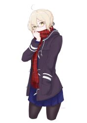 Rule 34 | 1girl, 2017, ahoge, artoria pendragon (all), artoria pendragon (fate), black-framed eyewear, black pantyhose, blonde hair, blue coat, blue skirt, braid, coat, covering own mouth, cowboy shot, cropped legs, dated, fate/grand order, fate (series), glasses, hand in pocket, highres, looking at viewer, miniskirt, mysterious heroine x alter (fate), mysterious heroine x alter (first ascension) (fate), open clothes, open coat, pantyhose, plaid, plaid scarf, pleated skirt, red scarf, saber (fate), scarf, school uniform, semi-rimless eyewear, short hair, simple background, skirt, solo, standing, umani (eighth norman), under-rim eyewear, white background, yellow eyes