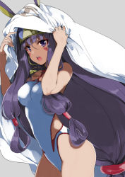 Rule 34 | 1girl, :o, animal ears, ass, breasts, commentary request, competition swimsuit, cowboy shot, dark-skinned female, dark skin, earrings, facial mark, fate/grand order, fate (series), from side, hair rings, hoop earrings, jackal ears, jewelry, long hair, looking at viewer, low-tied long hair, medium breasts, nakayama miyuki, necklace, nitocris (fate), nitocris (fate/grand order), nitocris (swimsuit assassin) (fate), nitocris (swimsuit assassin) (second ascension) (fate), one-piece swimsuit, open mouth, purple eyes, purple hair, revision, solo, swimsuit, very long hair, white one-piece swimsuit