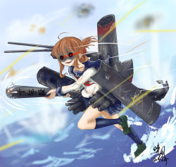 Rule 34 | 10s, 1girl, anchor, anchor symbol, brown hair, bullet, cannon, damaged, glowing, glowing eyes, harefuu, inazuma (kancolle), kantai collection, machinery, mary janes, plasma-chan (kancolle), qingfeng (clashu), shoes, signature, smokestack, thighhighs, torpedo