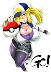 Rule 34 | 10s, 1girl, :q, aoi manabu, baseball cap, belt, bike shorts, black gloves, blonde hair, blush, breasts, choker, cleavage, collarbone, female protagonist (pokemon go), fingerless gloves, foreshortening, gloves, green eyes, hair over one eye, hat, large breasts, leggings, looking at viewer, mole, mole on breast, poke ball, pokemon, pokemon go, ponytail, short shorts, shorts, smile, solo, sweat, tongue, tongue out