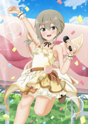 Rule 34 | 1girl, :d, absurdres, arm up, balloon, blue sky, blush, brown eyes, brown hair, cloud, concert, confetti, dancing, day, diffraction spikes, dress, flower, folded ponytail, glint, hair between eyes, hair flower, hair ornament, hairclip, highres, holding, holding microphone, idol, idol clothes, lens flare, looking at viewer, low ponytail, masamune mino, microphone, minowa gin, music, open mouth, outdoors, ponytail, rainbow, short hair, singing, sky, sleeveless, smile, solo, sparkle, sparkle background, stage, sun, sweat, washio sumi wa yuusha de aru, wrist cuffs, yuuki yuuna wa yuusha de aru: hanayui no kirameki, yuusha de aru