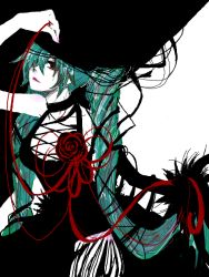 Rule 34 | 1girl, alternate eye color, arm up, bare shoulders, black dress, black neckwear, breasts, cleavage, closed mouth, collarbone, cowboy shot, dress, hair over one eye, hatsune miku, looking at viewer, medium breasts, purple lips, red eyes, shino (blackalice), sleeveless, sleeveless dress, smile, solo, tegaki, two-tone background, vocaloid