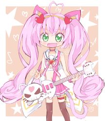 Rule 34 | 10s, 1girl, :d, ahoge, animal ears, bare shoulders, black thighhighs, blush, cat ears, cat tail, cleavage cutout, clothing cutout, crop top, fake animal ears, fang, frilled skirt, frills, green eyes, guitar, hair ornament, hairband, heart, heart hair ornament, highres, instrument, long hair, looking at viewer, midriff, musical note, navel, open mouth, pink hair, rosia (show by rock!!), sailor collar, show by rock!!, simple background, skirt, smile, solo, star (symbol), starry background, sweatband, tail, thigh strap, thighhighs, tsumiki sata, twintails, very long hair