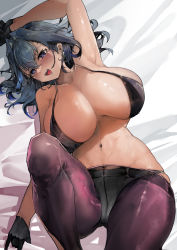 Rule 34 | 1girl, absurdres, arm up, armpits, bare shoulders, bed sheet, bikini, black bikini, black gloves, blue eyes, blue hair, blush, breasts, cleavage, earrings, from above, gloves, hair intakes, highres, hololive, hololive english, huge breasts, jewelry, lying, medium hair, navel, on back, ouro kronii, panties, pantyhose, sheet grab, short hair, swimsuit, underwear, virtual youtuber, vyragami