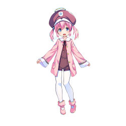 Rule 34 | 1girl, artist request, blue eyes, boots, brown hat, brown overalls, dennou tenshi djibril, full body, hair bobbles, hair ornament, halo, hat, jacket, long hair, luvriel, makai tenshi djibril, official art, open mouth, outstretched arms, overalls, pantyhose, pink footwear, pink hair, pink jacket, short shorts, shorts, simple background, smile, solo, twintails, white background, white pantyhose