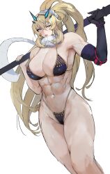Rule 34 | 1girl, alternate breast size, axe, bare shoulders, barghest (fate), battle axe, blonde hair, breasts, fairy knight gawain (ice warrior) (fate), fate/grand order, fate (series), gauntlets, green eyes, heterochromia, highres, horns, large breasts, long hair, looking at viewer, memory342, muscular, muscular female, red eyes, scarf, simple background, single gauntlet, solo, thighs, weapon, white scarf