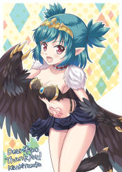 Rule 34 | 1girl, bird legs, black feathers, black wings, blush, breasts, claws, commentary request, commission, fang, feathers, green hair, harpy, highres, hizaki tomoko, indie virtual youtuber, lincoro, midriff, monster girl, navel, open mouth, pointy ears, red eyes, short hair, short twintails, skeb commission, solo, stomach tattoo, talons, tattoo, thank you, tiara, twintails, virtual youtuber, wings