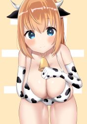 Rule 34 | absurdres, animal ears, animal print, bare shoulders, bikini, blue eyes, blush, breasts, cleavage, clenched hand, closed mouth, cow ears, cow horns, cow print, cow print bikini, cow print gloves, cowbell, cowboy shot, elbow gloves, gloves, hair between eyes, hand on own chest, highres, horns, large breasts, leaning forward, namaesan7 (59129832), neck bell, orange hair, pecorine (princess connect!), princess connect!, print bikini, print gloves, simple background, standing, swimsuit