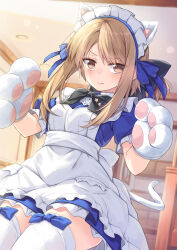 Rule 34 | 1girl, animal ears, animal hands, apron, black bow, blue bow, blue dress, blurry, blurry background, blush, bow, brown eyes, brown hair, cat ears, cat tail, closed mouth, dress, fake animal ears, frills, gloves, highres, ina (inadahime), indoors, looking at viewer, maid, maid headdress, original, paw gloves, puffy short sleeves, puffy sleeves, short sleeves, solo, tail, thighhighs, tsubaki-chan (ina (inadahime)), white apron, white thighhighs